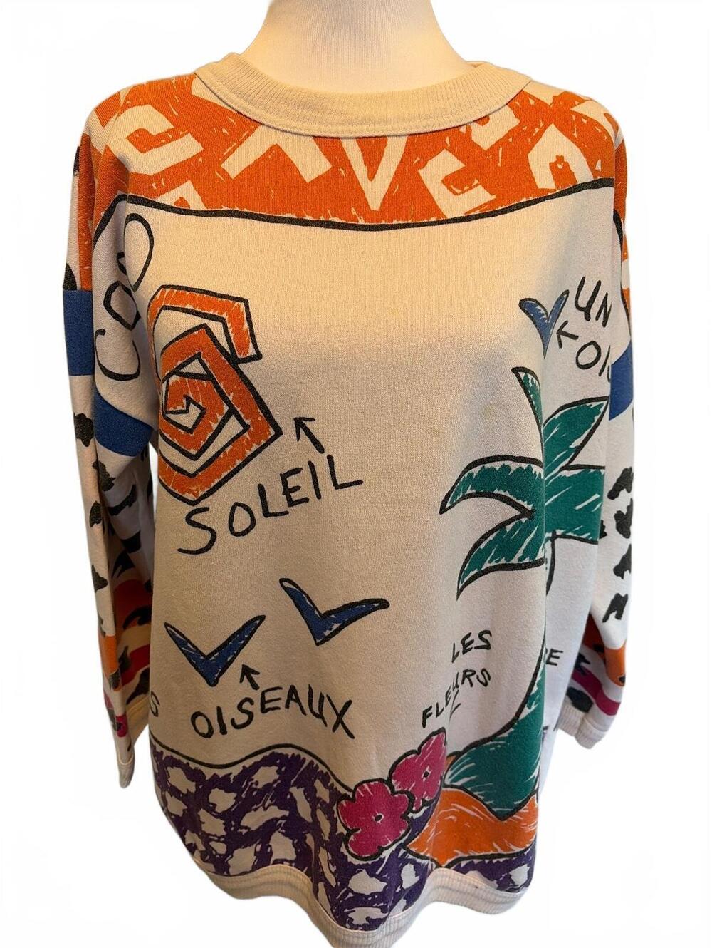 Vintage Cream Graphic Sweatshirt M Pop Art Abstract Wearable Art French Novelty